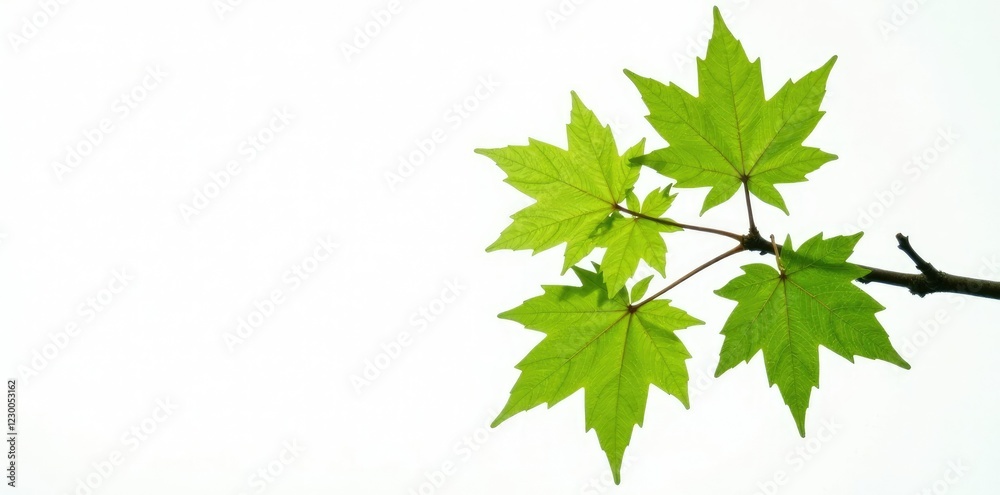 Fresh green maple leaves on a single isolated branch against white background, green leaf, branch Fresh green maple leaves on a single isolated branch against white background, green leaf, branch