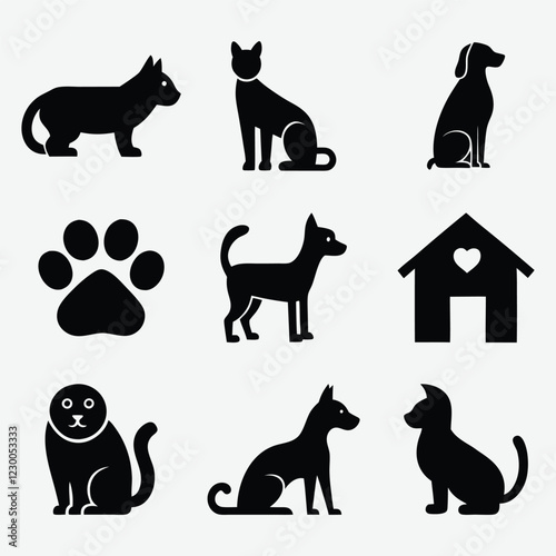 Simple Black and White Pet Icons Set