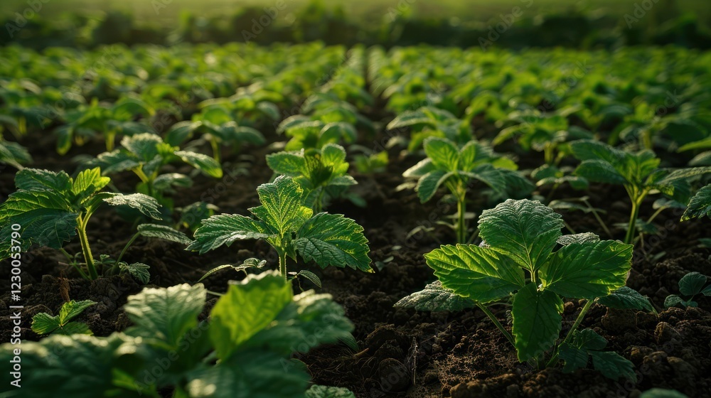 Lush green seedlings thriving in a sunlit agricultural field with distant hills in the background Lush green seedlings thriving in a sunlit agricultural field with distant hills in the background