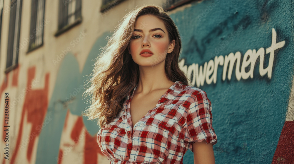 Naklejka premium A bold editorial photo of a woman standing against an urban backdrop with 