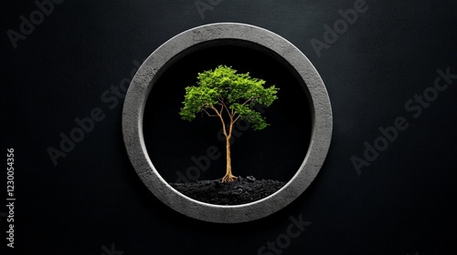 A Tree's Resilience: A small tree, bursting with life, grows within a circular aperture, offering a vibrant counterpoint to the surrounding dark grey background. photo