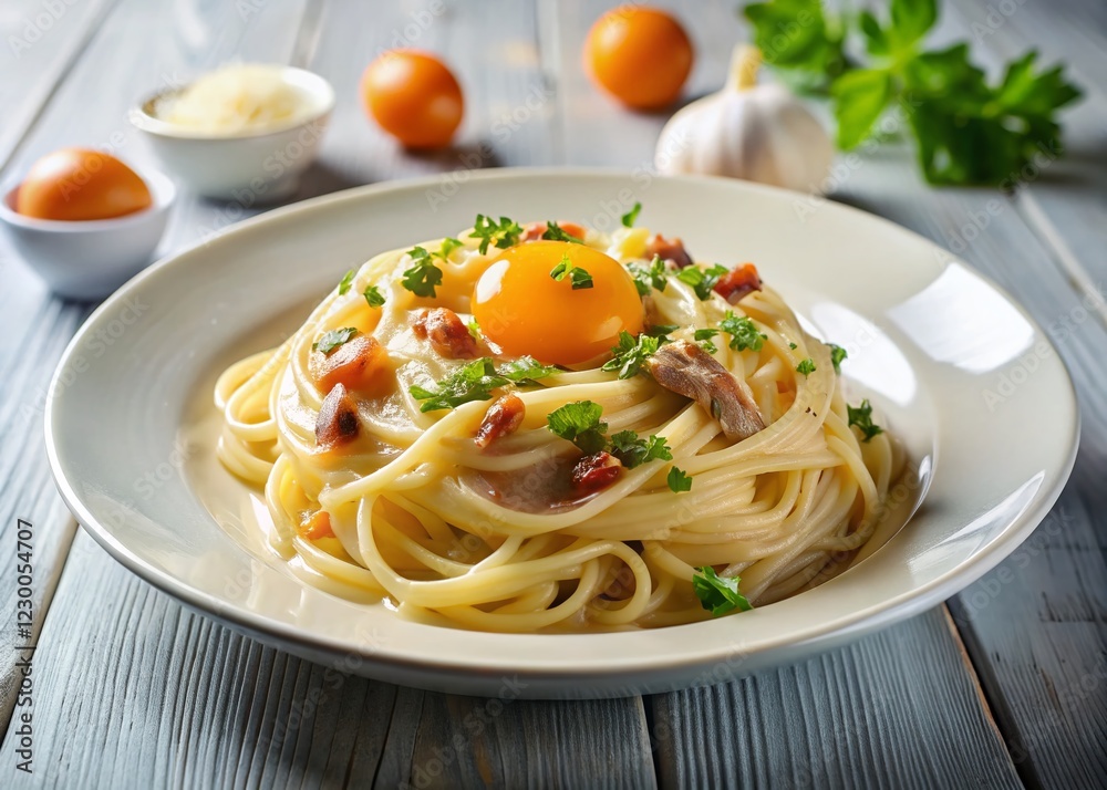 Creamy Carbonara Pasta Dish with Pancetta in White Bowl - Delicious Italian Food Photography Creamy Carbonara Pasta Dish with Pancetta in White Bowl - Delicious Italian Food Photography