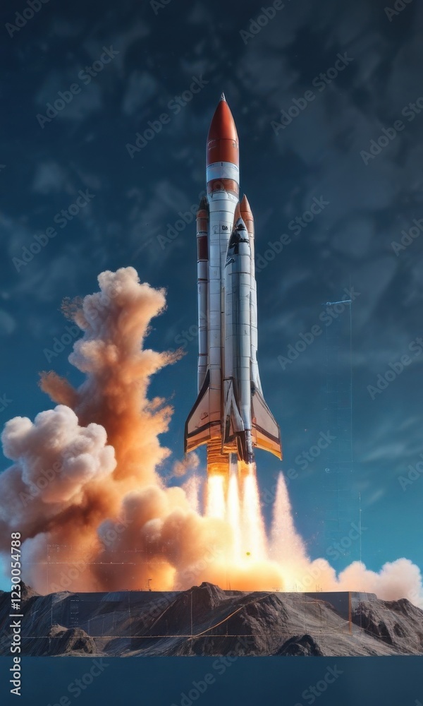 Obraz premium Rocket blasting off into the sky with a chart on a blue background, rocket ship, launch