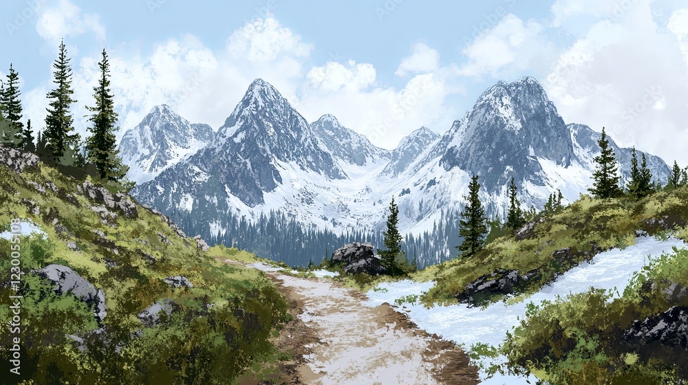 A mountain trail with jagged peaks, pine trees, and patches of snow. picture A mountain trail with jagged peaks, pine trees, and patches of snow. picture