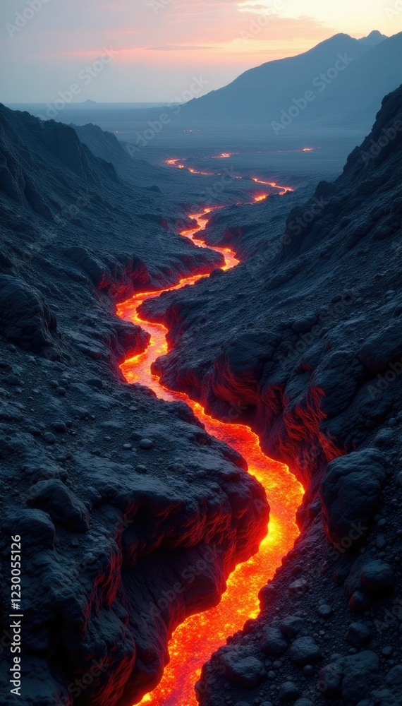 Obraz premium Lava flows through a barren landscape of volcanic rock, nature, natural wonders