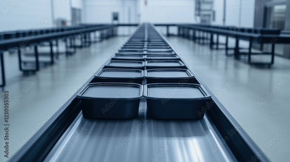 Conveyor belt transporting black containers in modern facility Conveyor belt transporting black containers in modern facility