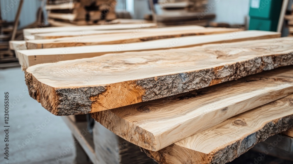 Stacked Wooden Slabs, Rustic Lumber in a Workshop Stacked Wooden Slabs, Rustic Lumber in a Workshop