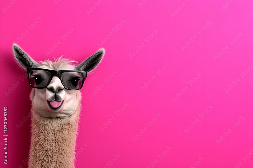 Naklejka premium Funny alpaca sunglasses pink background