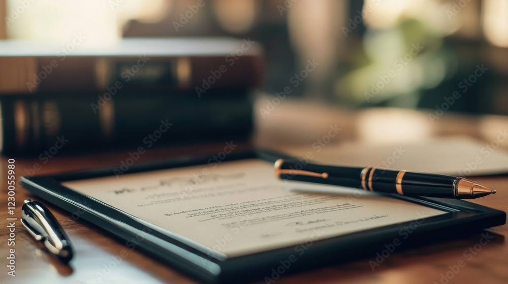 Fototapeta premium A close-up photo of a college diploma in a sleek frame, placed on a wooden desk with a pen and a stack of books beside it