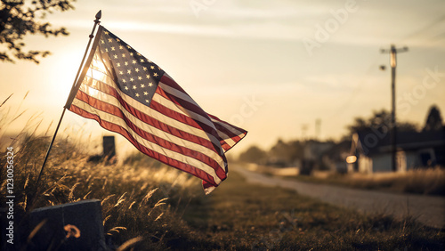 American flag on a rural road at sunset