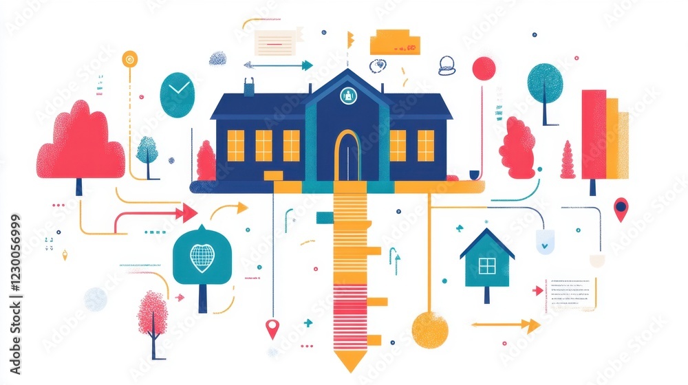 Obraz premium A conceptual design showing the steps of a college application process, illustrated through a creative infographic with colorful icons and arrows