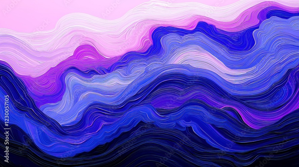 Fototapeta premium Harmonic Wave Motion, a vibrant fusion of deep blues and soft sandy tones, featuring bold black outlines, geometric shapes, and a cool neon-lit color palette reminiscent of pop art.