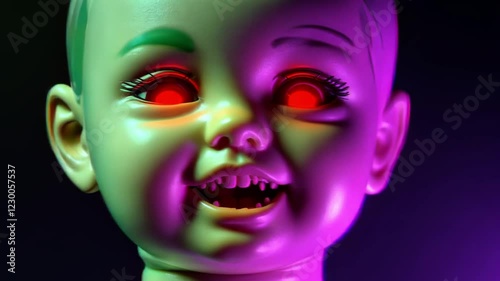 A creepy porcelain doll face morphs into a demonic entity through a glitching effect, shifting between innocent and terrifying states. The effect suggests a haunted AI presence, Glitch effect