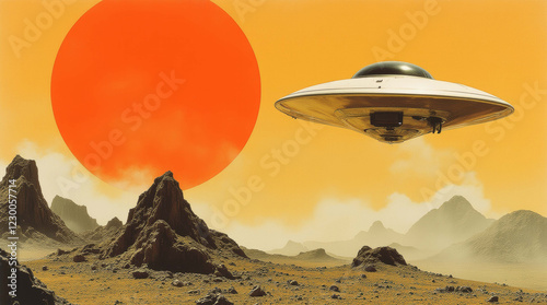 UFO hovering over an alien landscape with mountains and a bright sun in the background