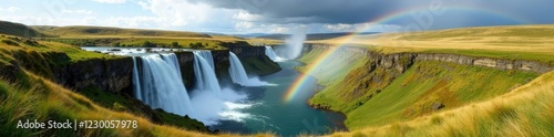serene landscape of the Palouse region featuring waterfalls and rainbows, waterfalls, serene landscape, palouse