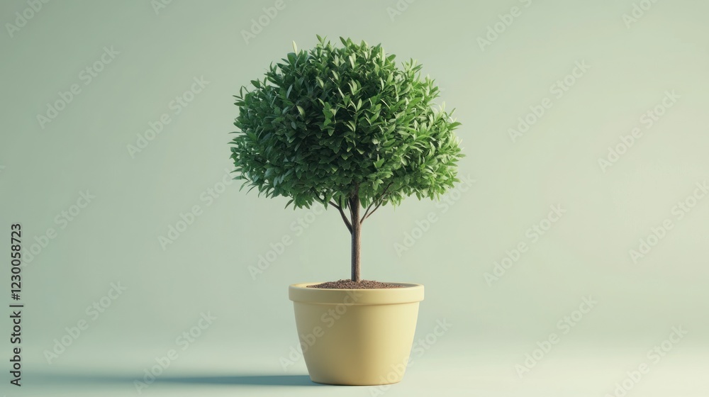 Obraz premium Small potted tree with round crown on pale background.