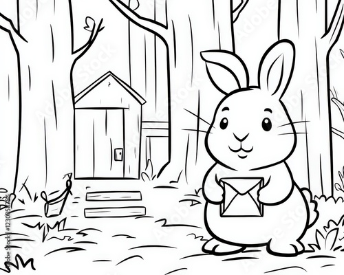 An adorable bunny stands in a serene forest, holding an envelope This charming black-and-white illustration is perfect for children's themes and storytelling, Outline photo