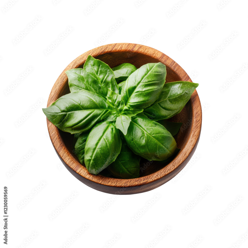 fresh basil leaves in wooden bowl isolated on transparent background fresh basil leaves in wooden bowl isolated on transparent background