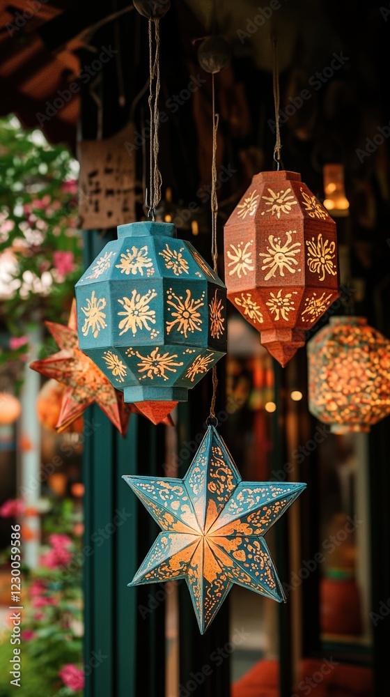 Naklejka premium Festive Hanging Lanterns Stars Batik Patterns Home Decor Teal Orange