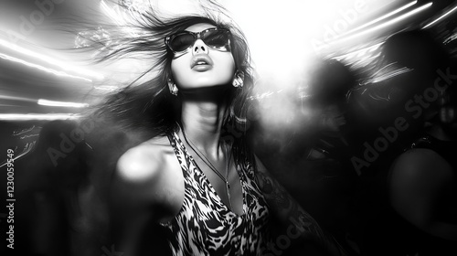 Dancing in black and white with lively lights creating a vibrant atmosphere at an energetic club