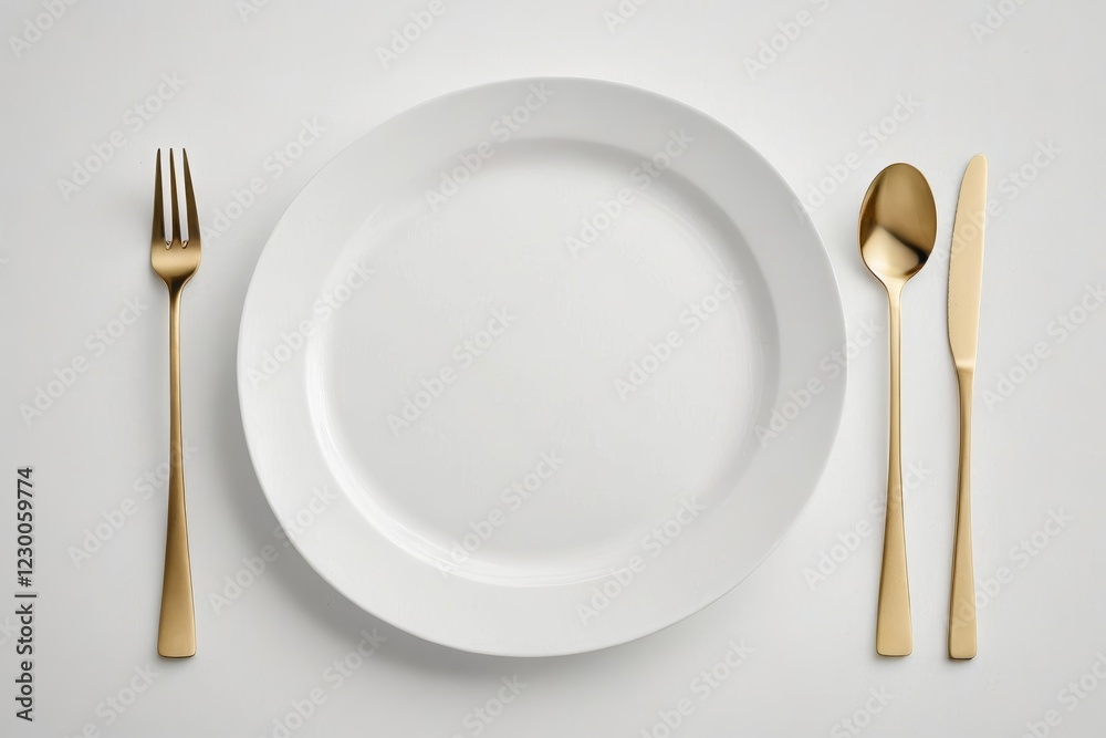 there is a white plate with gold cutlers and a fork