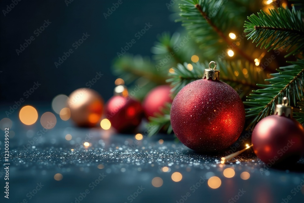 Naklejka premium Sparkling ornaments scattered on a dark background, Christmas Tree, Winter Wonderland