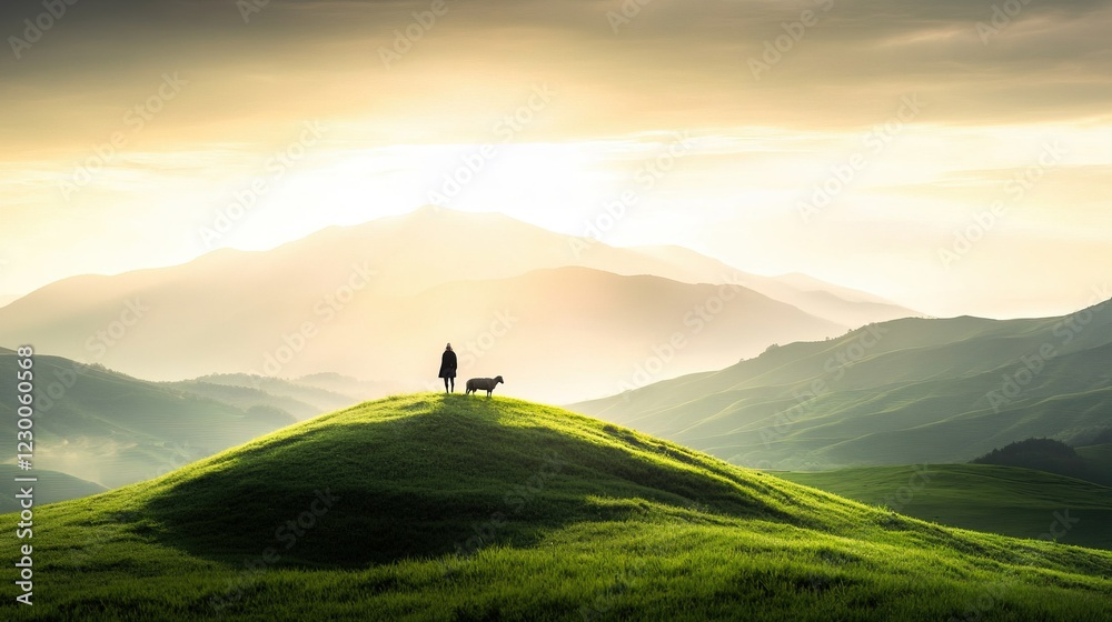 Shepherd and Sheep on Grassy Hill, Woman Sketching Landscape, Art Therapy for Mental Wellbeing, Pastoral Serenity and Connection