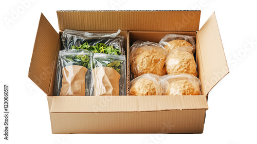 Overhead View of a Cardboard Box Containing Packaged Food Fresh
