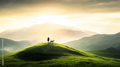 Obraz na płótnie Shepherd and Sheep on Grassy Hill, Woman Sketching Landscape, Art Therapy for Mental Wellbeing, Pastoral Serenity and Connection w salonie