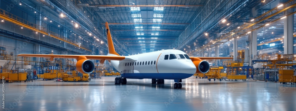 Aircraft Inside a Large, Well-Lit Hangar Showcasing Modern Design and Manufacturing Processes, Highlighting the Aviation Industry's Innovation and Efficiency Aircraft Inside a Large, Well-Lit Hangar Showcasing Modern Design and Manufacturing Processes, Highlighting the Aviation Industry's Innovation and Efficiency