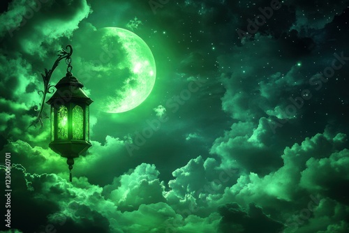 Mysterious Green Lantern Illuminating Clouds with Full Moon in Enigmatic Night Sky