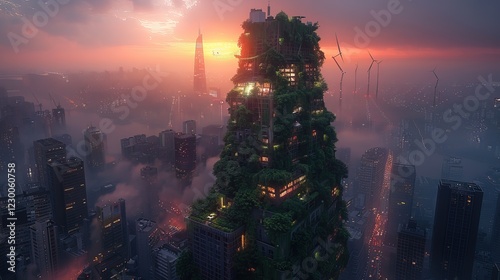 Aerial View of Carbon-Neutral Future City: Solar Rooftops, Wind Turbines, and Electric Vehicles in Harmony