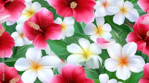 Colorful Floral Seamless Pattern Featuring Hibiscus And Plumeria Flowers Against A Lush Green Leafy Background Representing Tropical Beauty