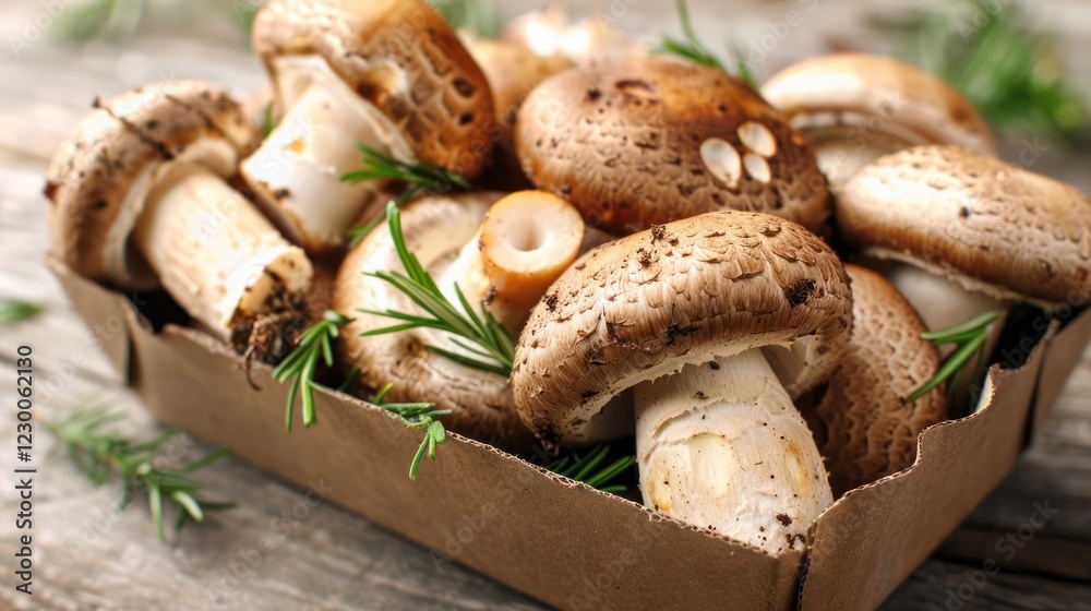 Freshly harvested mushrooms arranged in a rustic box with herbs on a wooden table Freshly harvested mushrooms arranged in a rustic box with herbs on a wooden table