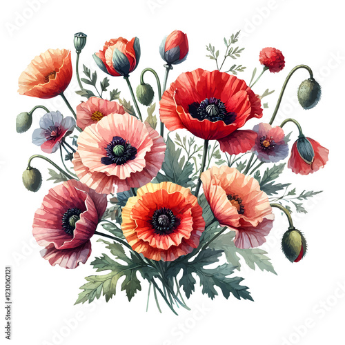 bouquet of red poppies watercolor illustration