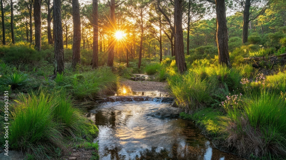 Fototapeta premium Sunset stream in pine forest, tranquil nature scene, perfect for relaxation