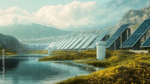 A futuristic desalination plant powered by solar panels, sustainable water production in a coastal area photo