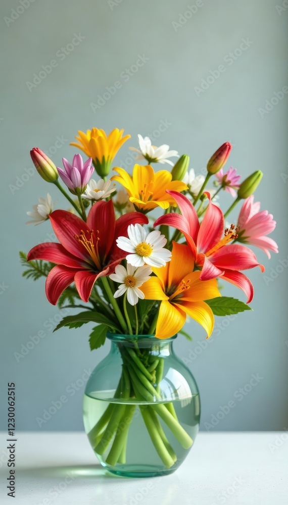 A colorful mix of wildflowers in a vase on a plain surface, lily, , wildflowers A colorful mix of wildflowers in a vase on a plain surface, lily, , wildflowers