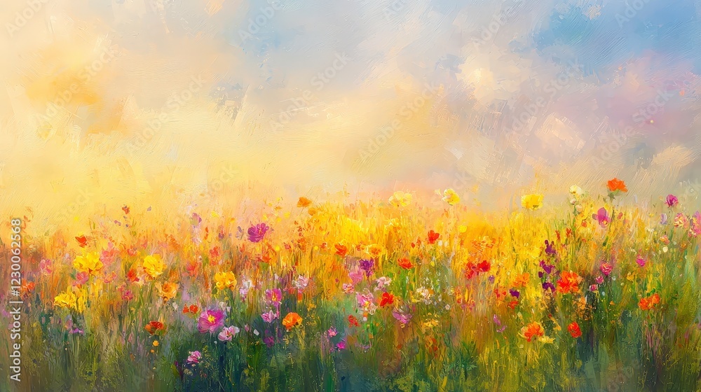 Fototapeta premium Colorful Flower Field Under a Golden Sky at Sunrise or Sunset