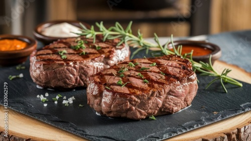 Two medium-rare steaks on a black stone plate. The steaks are juicy, seasoned with such herbs. generative AI