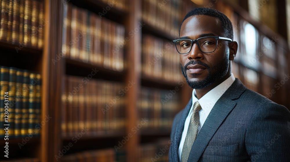 Professional Man in Business Attire Standing in a Library Setting Professional Man in Business Attire Standing in a Library Setting