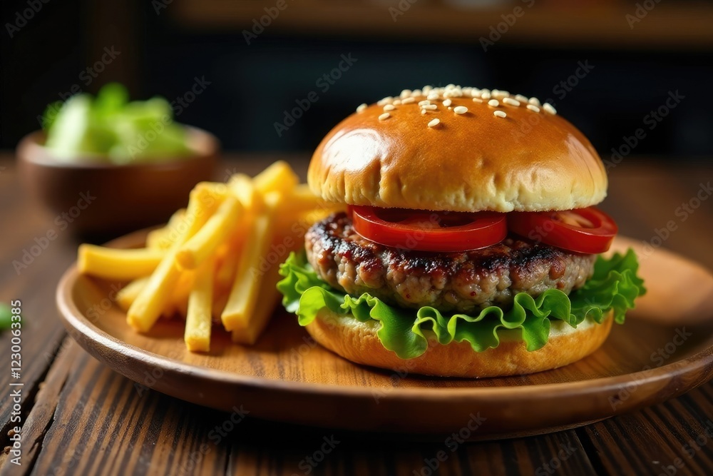 A grilled burger on a wooden plate with sauce, burger, patty A grilled burger on a wooden plate with sauce, burger, patty