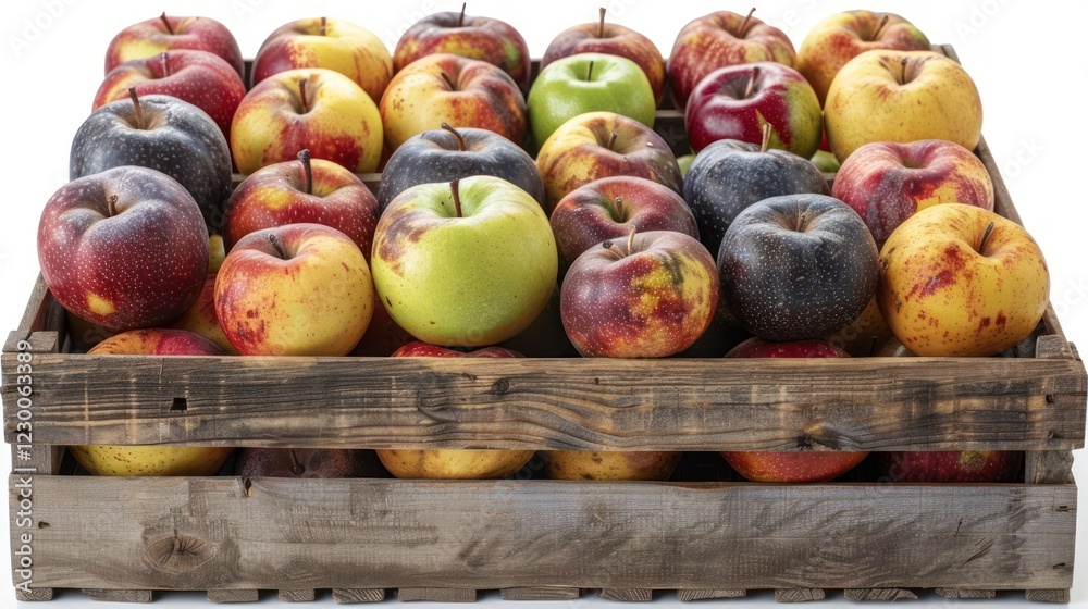 A wooden crate filled with a variety of colorful apples, showcasing their freshness and vibrancy A wooden crate filled with a variety of colorful apples, showcasing their freshness and vibrancy