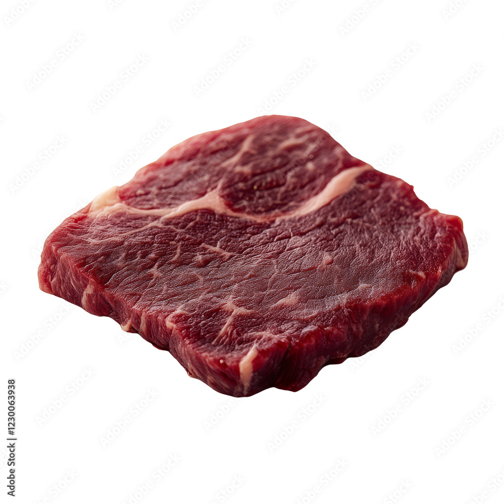Obraz premium A square piece of marbled raw meat with rich red hues and white fat interspersed throughout.