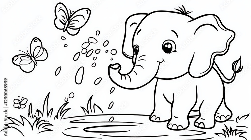 Naklejka premium A charming illustration featuring a cute elephant surrounded by butterflies Perfect for children's art projects and nature-themed designs, Outline