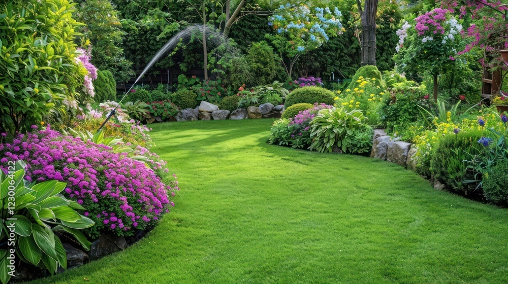 Fototapeta premium Lush garden with vibrant flowers and well-maintained lawn, showcasing a peaceful outdoor retreat