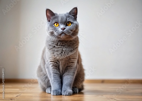 Cute Grey British Shorthair Cat Sitting on Floor - Pet Portrait Stock Photo photo