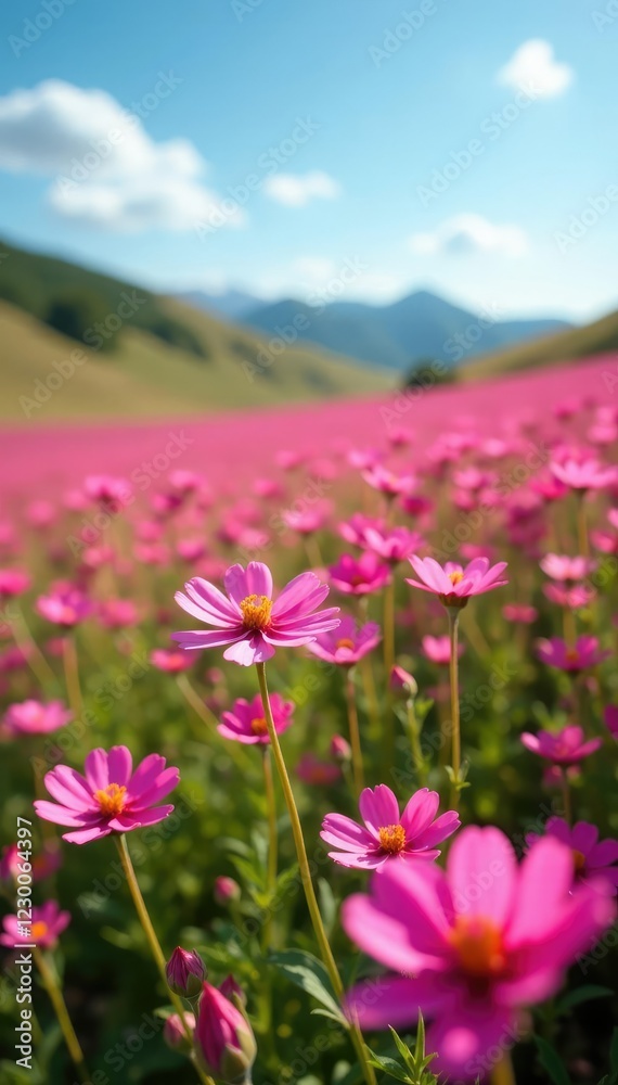A sea of pink wildflowers stretching across a sunny landscape, pink flowers, flowers, nature A sea of pink wildflowers stretching across a sunny landscape, pink flowers, flowers, nature