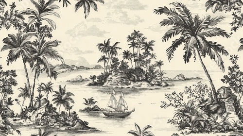 Wallpaper Mural Tropical Island Scene with Sailboat in Black and White Design Torontodigital.ca