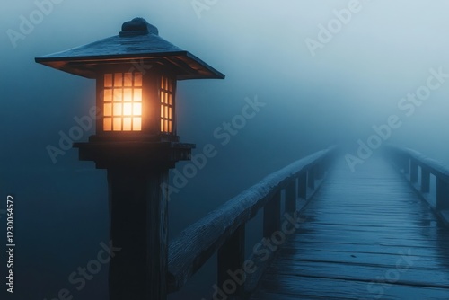 Tranquil Foggy Scene with Lantern on Wooden Bridge at Dusk
